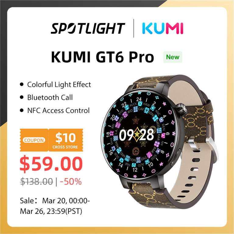 KUMI GT6 Pro SmartWatch 1.3 "AMOLED Bluetooth Llamada NFC Relojes inteligentes para Mujeres Hombres IP68 a prueba de agua