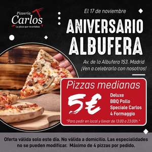 Pizza Mediana 5€ Pizzería Carlos (Madrid y Barcelona)