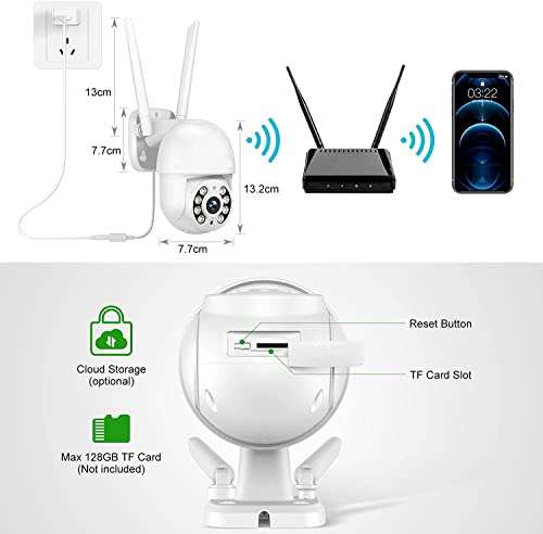Camara Vigilancia WiFi Exterior con Visión Nocturna Color, Tecnología PTZ, Detector de Movimiento, Audio Bidireccional, compatible Alexa