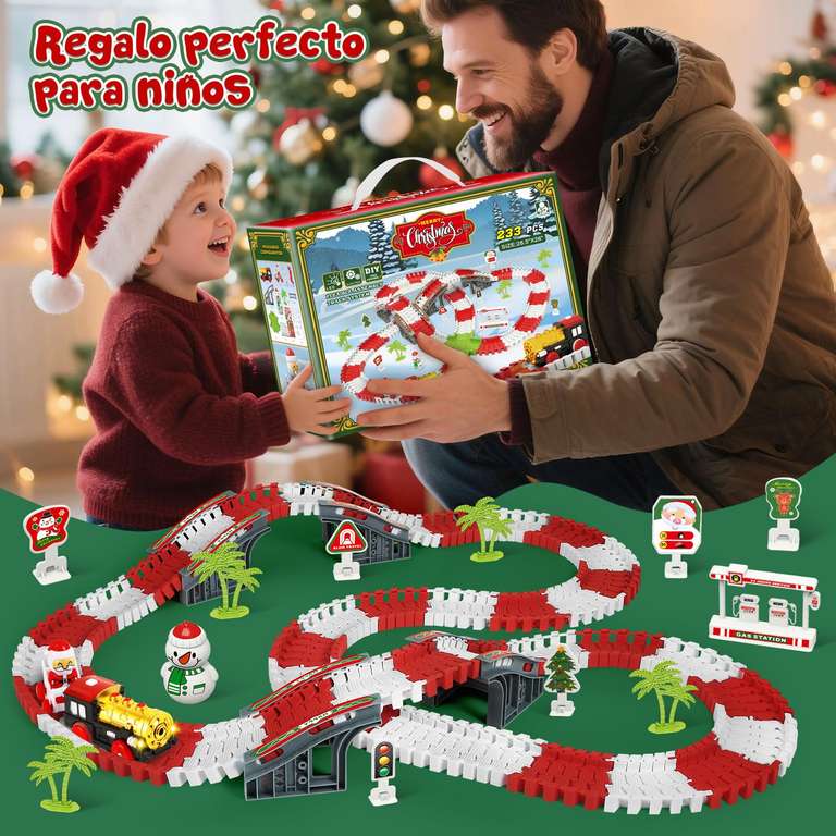 Pista De Coches Y Tren Eléctrico Navideño MOONTOY - 233 Piezas, Luces, Flexible, Para Niños 3-8 Años