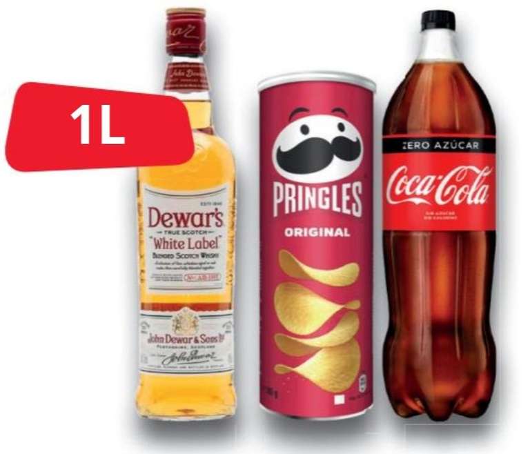 Botella de White Label (1L) + Coca Cola Zero (2L) + Pringles Original