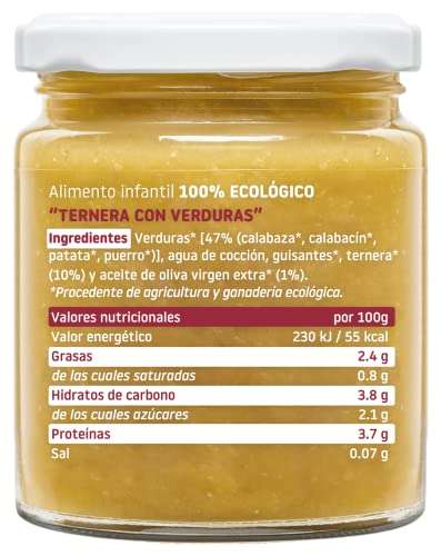 Smileat Tarrito de Ternera con verduras - 230 gr - 100% ecológicos [Pack de 12, Unidad 1'23€] Precio al tramitar. (También Lubina y merluza)