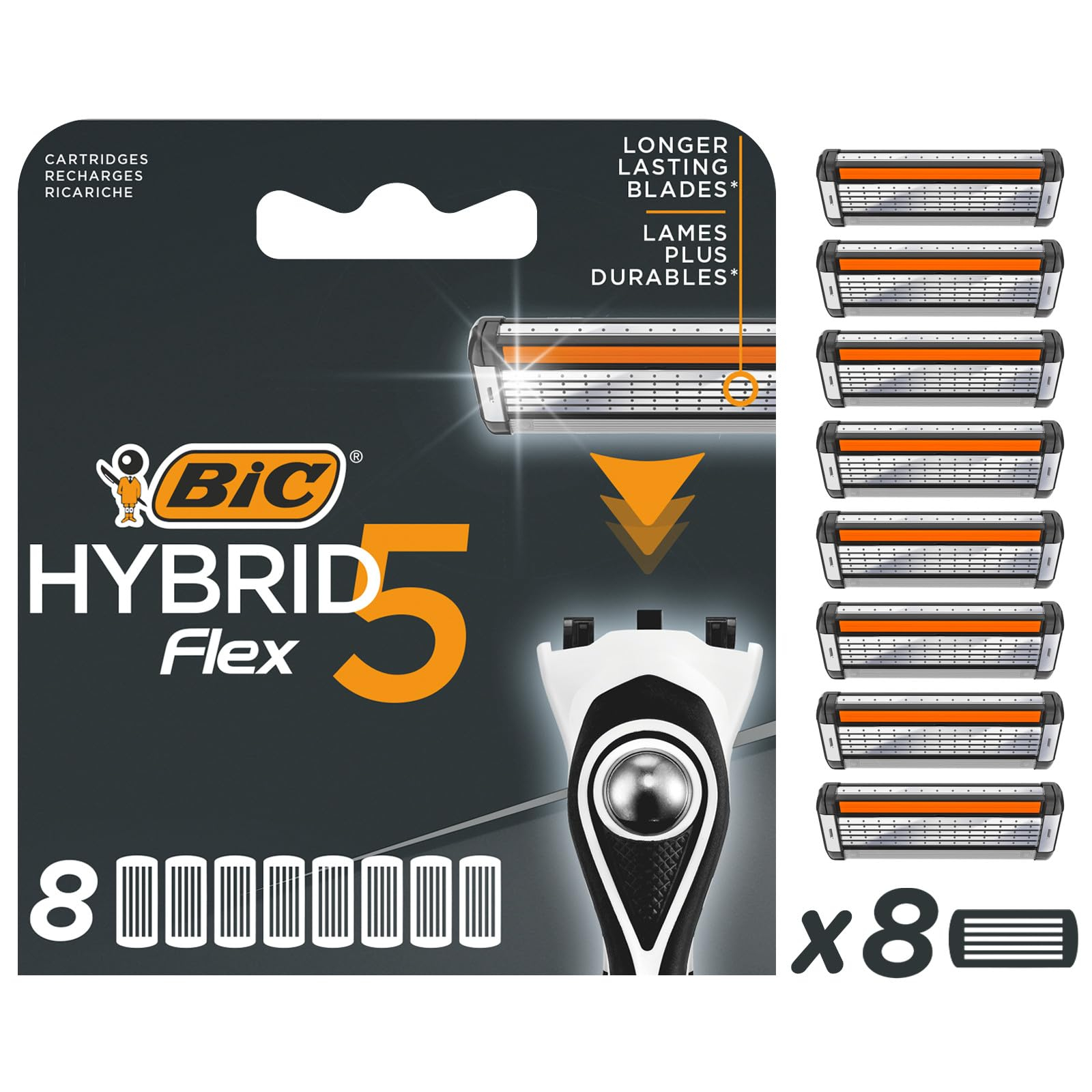 BIC Hybrid 5 Flex Cuchillas de Afeitar, Paquete de 8 Cuchillas