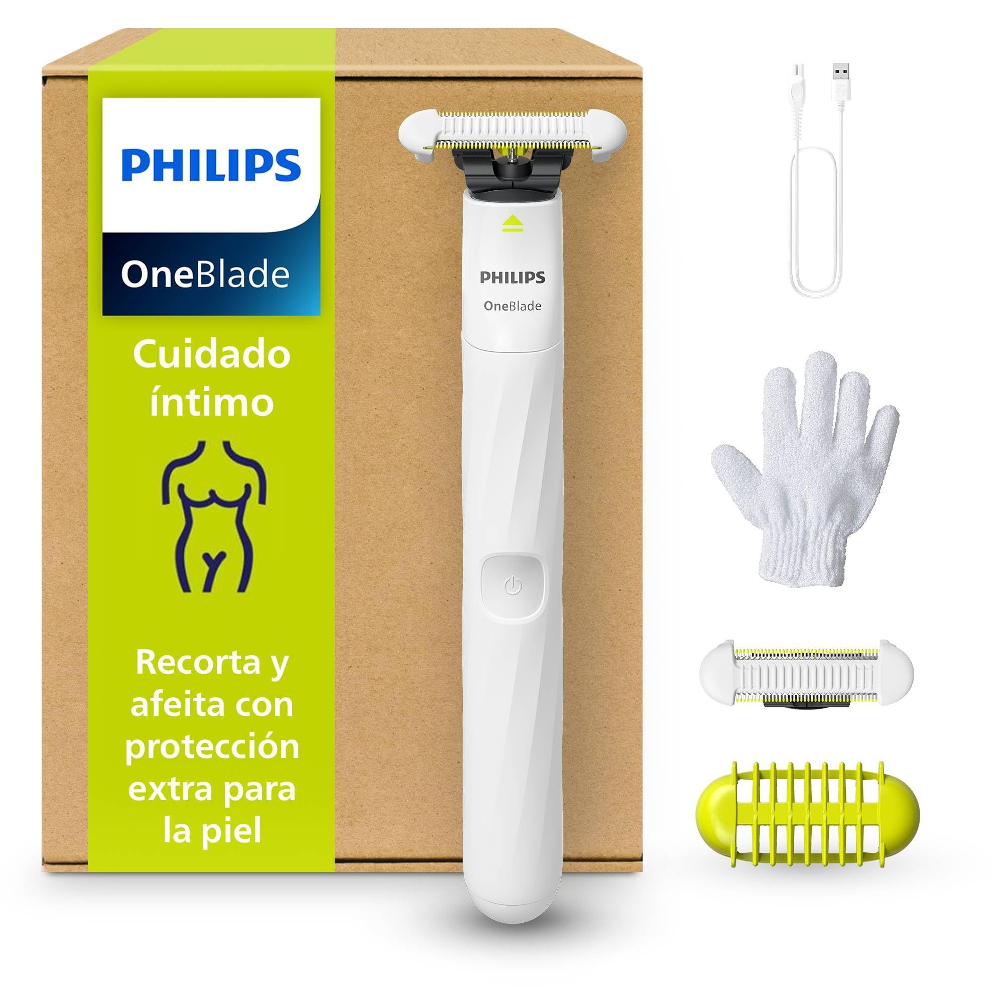 Afeitadora Íntima Philips OneBlade QP1924/28 (Protector cutáneo zonas sensibles, recorta y afeita, resistente al agua, Amazon España)