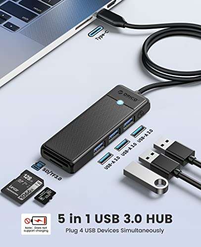 ORICO USB 3.0 Hub, USB C Verteiler con SD/TF Card Rénder, 3 Puertos USB 3.0 Mini USB Splitter, USB Expander
