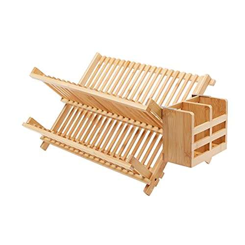 mazon Basics - Escurreplatos de bambú con soporte para utensilios, perfil plano, plegable, 2 niveles