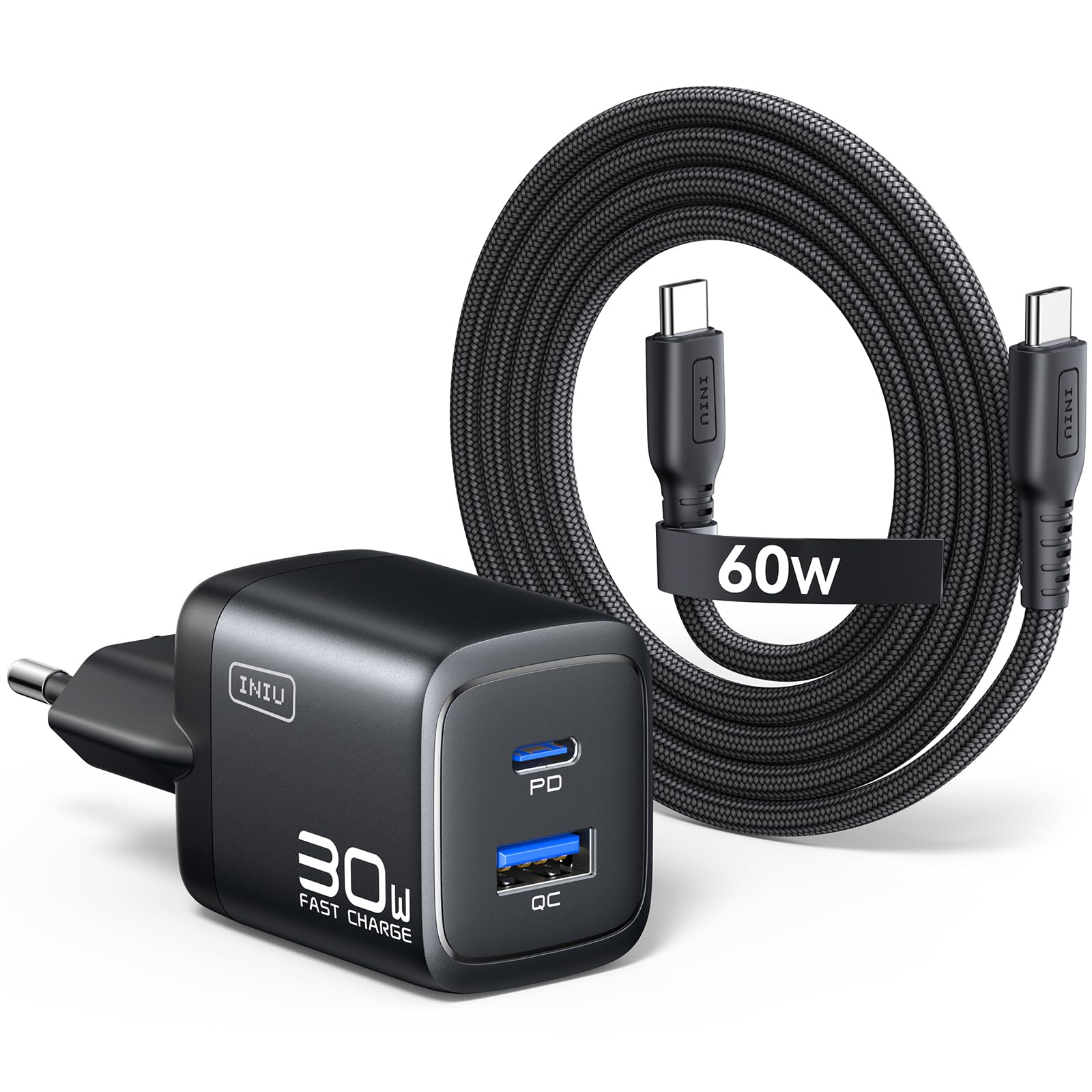 INIU Cargador USB C, 30W 1-Paquete PD GaN Cargador Carga Rapida y Cable 60W
