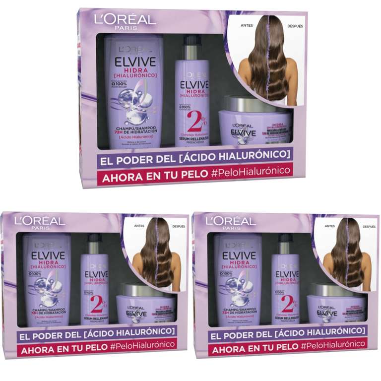 Pack 3 - (6,66€/unidad) L'Oréal Paris Hidra Hialurónico Cofre Champú y Mascarilla 72h Hidratación Intensiva y Sérum Rellenador
