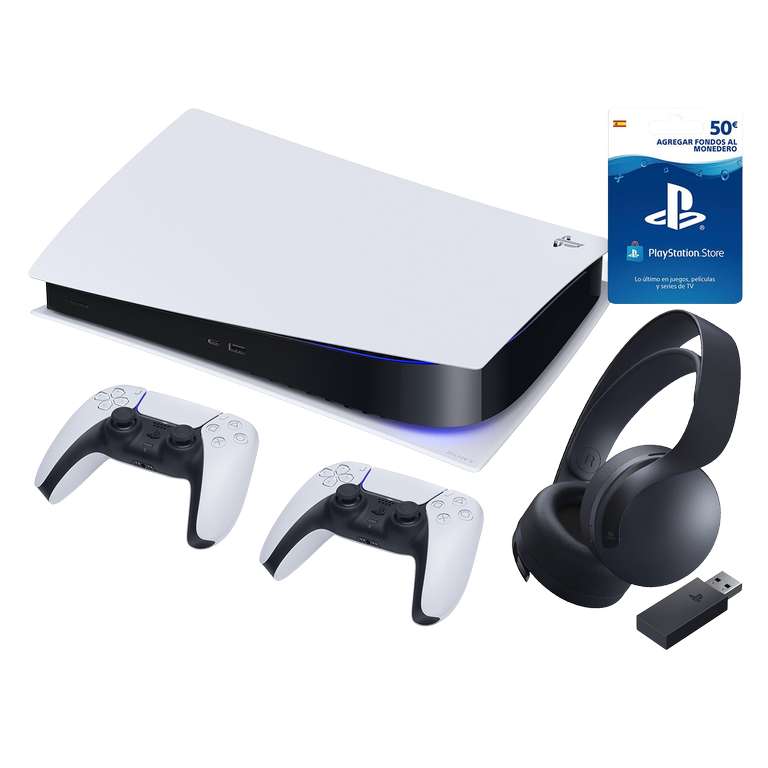 Consola - Sony PS5 Digital Edition, 825 GB, 4K, HDR, + Auriculares Sony Pulse 3D + 2 Mandos DualSense + Tarjeta PlayStation Network 50