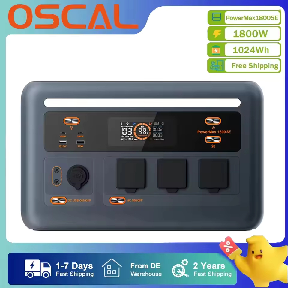OSCAL PowerMax1800SE Estación de Energía Portátil 1800W, Batería LiFePO4 1024Wh, Generador Solar para Hogar, Camping y Emergencias