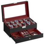 SONGMICS - Caja con Tapa de Cristal de 2 Niveles para 12 Relojes, Cerradura, Cajón para Joyas, Cuero Sintético Negro y Forro Rojo