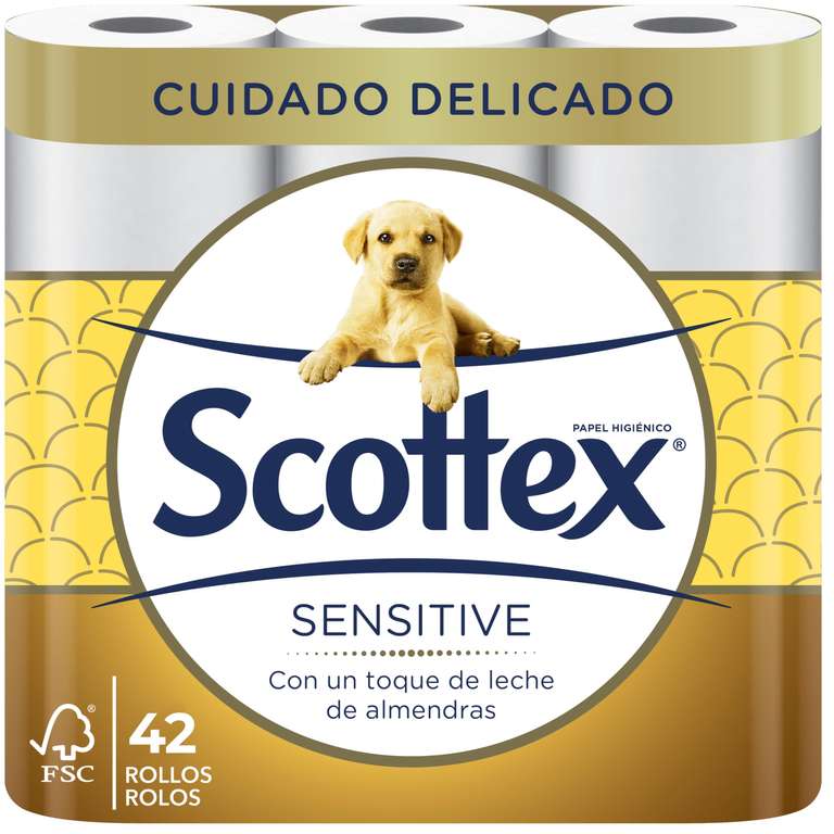Papel Higiénico Scottex Sensitive 42 rollos con 3 capas cuidado delicado gracias al toque de leche de almendras (7 packs de 6 rollos)