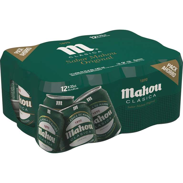 6 packs de MAHOU CLASICA Cerveza rubia original pack 12 latas 33 cl (72 latas) + cupón 25% de descuento en próximas compra