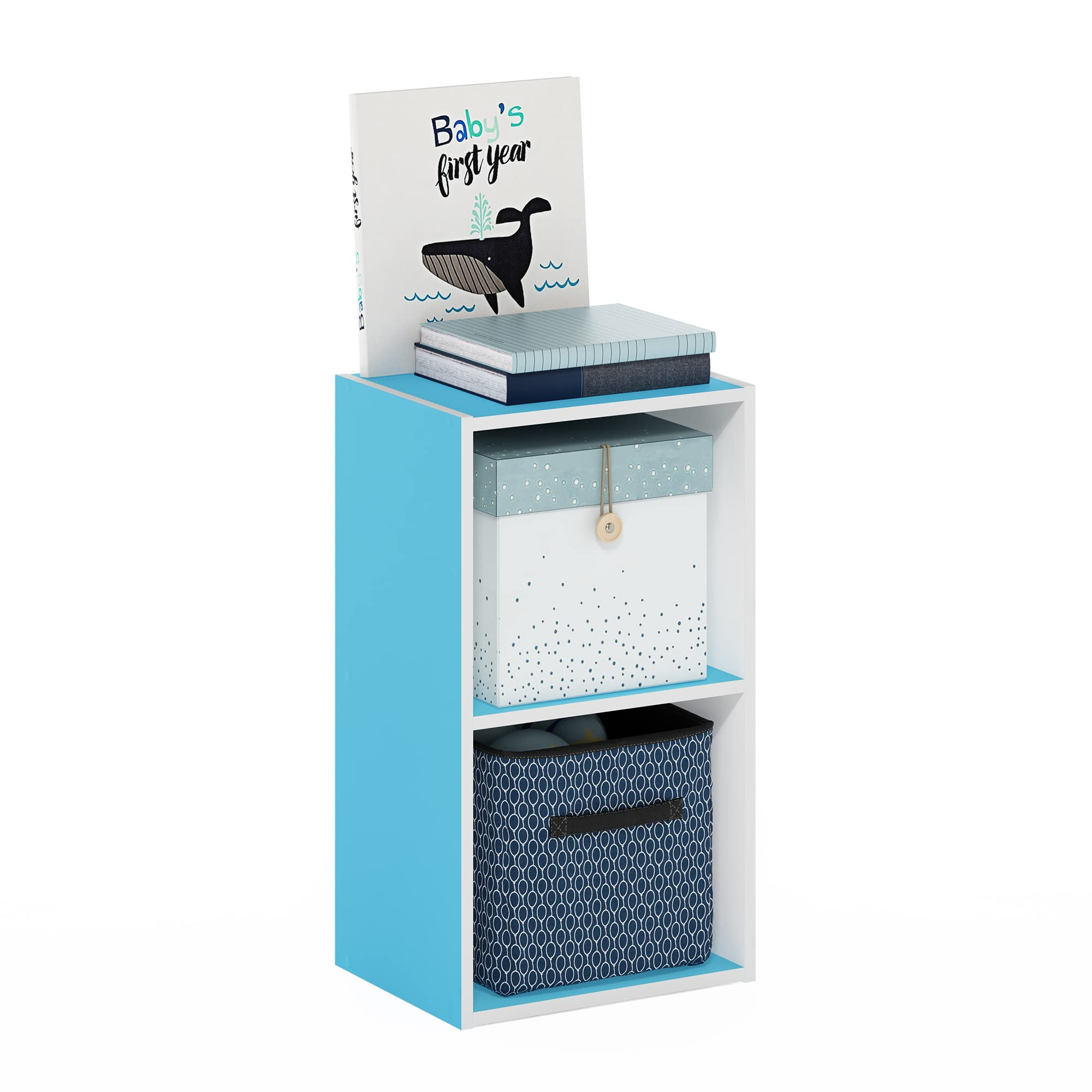 Furinno Pasir Estantería Abierta Librería de 2 Niveles, Blanco/Azul Claro