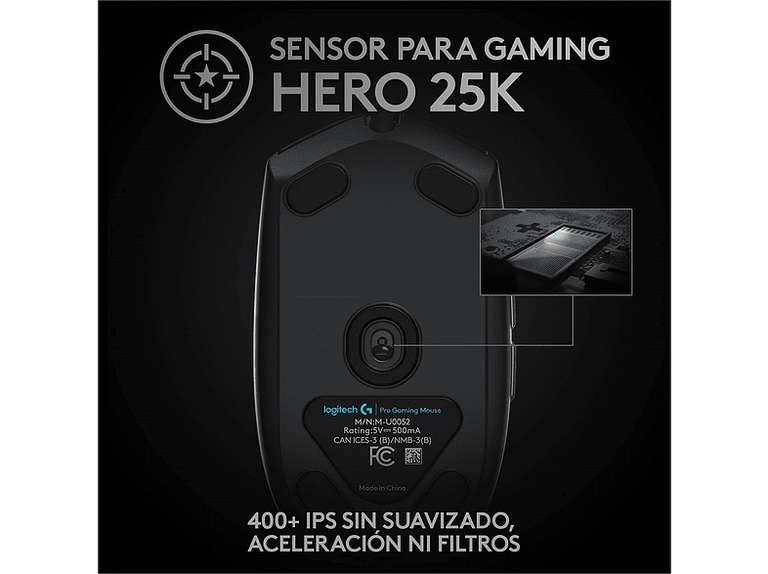 Ratón gaming - Logitech PRO Gaming Mouse, Sensor HERO 25K, 25600 DPI, RGB, Peso ultra reducido, 6 Botones programables, Memoria integrada