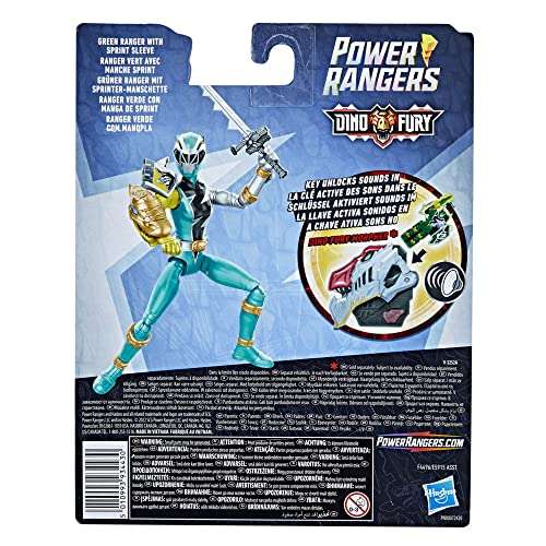 Power Rangers Figura de acción Dino Fury Green Ranger con Manga Sprint de 15 cm, Llave de Furia Dino, Sable Chromafury, Multicolor