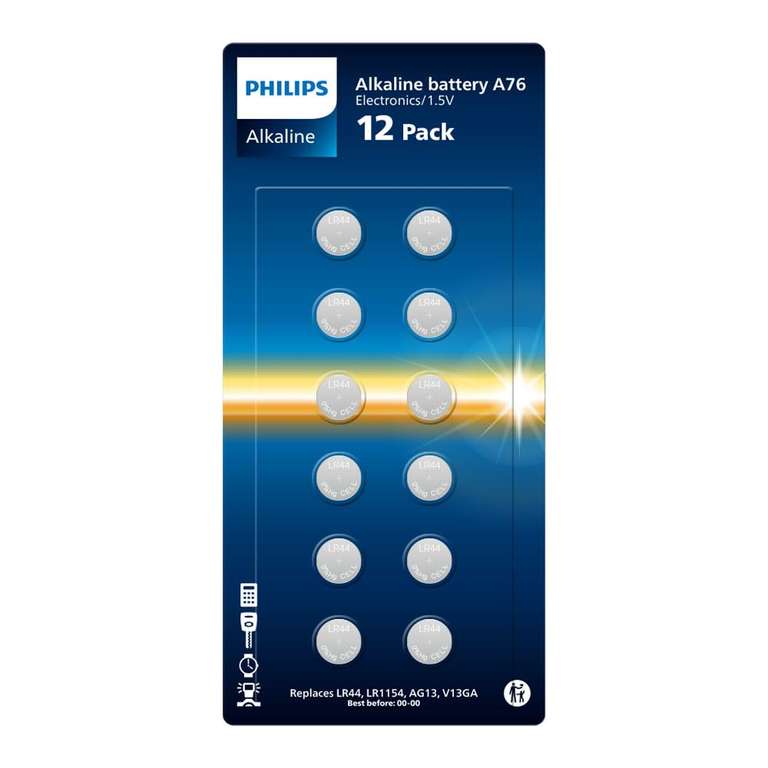 Paquete de 12 Philips Alkaline 1 Volt A76, baterías optimas para Relojes, calculadoras y pequeños aparatos electrónicos