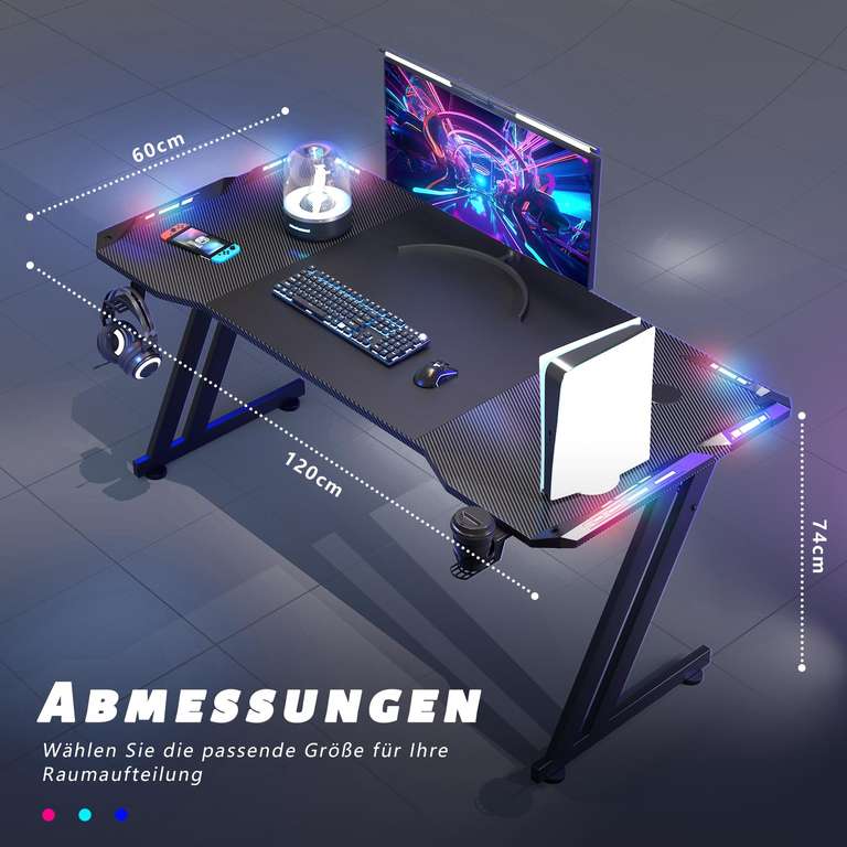 HLONONE 120×60cm LED Mesa Gaming,Escritorio Gaming de Fibra de Carbono Ergonómicas,Escritorio Gamer con Portavasos y Gancho para Auriculares