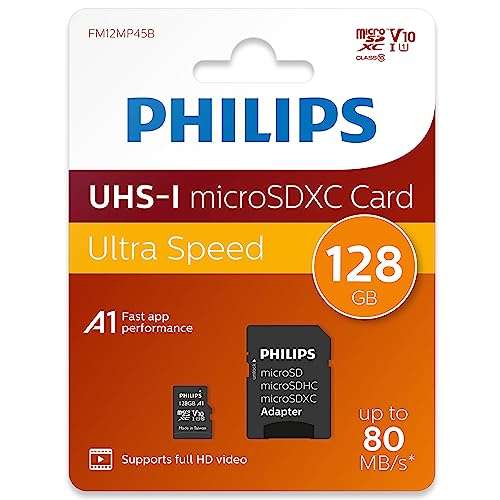 Philips Tarjeta Micro SDXC Card 128GB Class 10 incluye Adapter