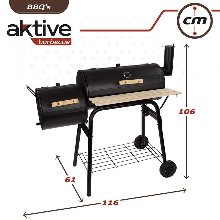 Barbacoa de carbón con termómetro y ahumador 116x61x106 cm | Incorpora sistema de ventilación y chimenea | 2 ruedas para fácil transporte