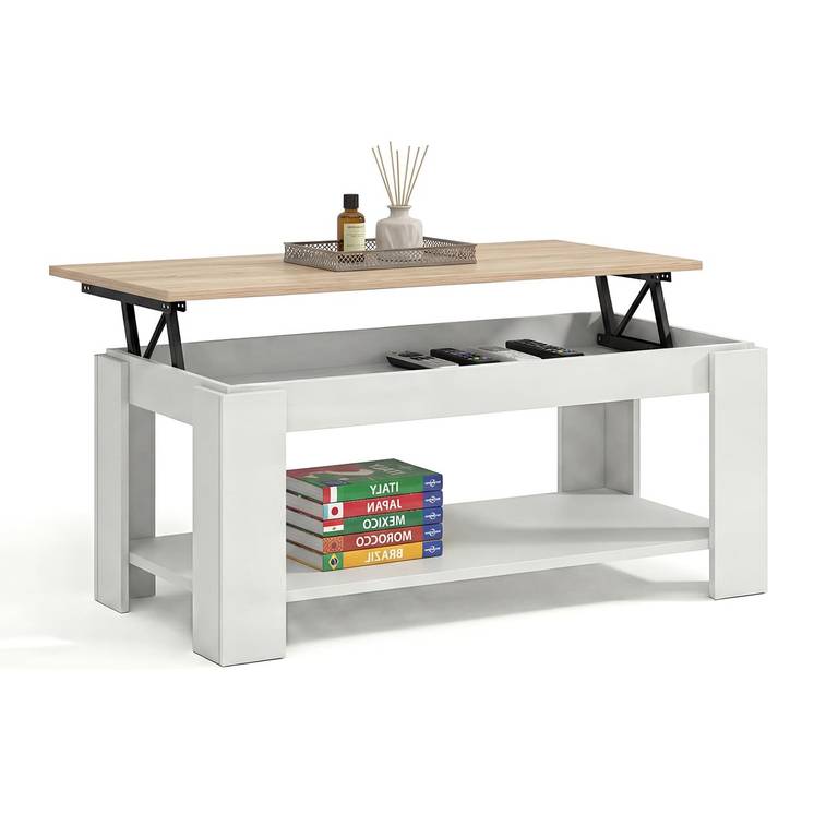 Mesa de Centro Elevable, Mesa Auxiliar, Modelo LYA, Acabado en Color Blanco Artik y Roble Canadian