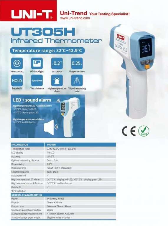 UNI-T- Termómetro infrarrojo de alta precisión, sin contacto, digital , aviso sonoro y pantalla retroiluminada