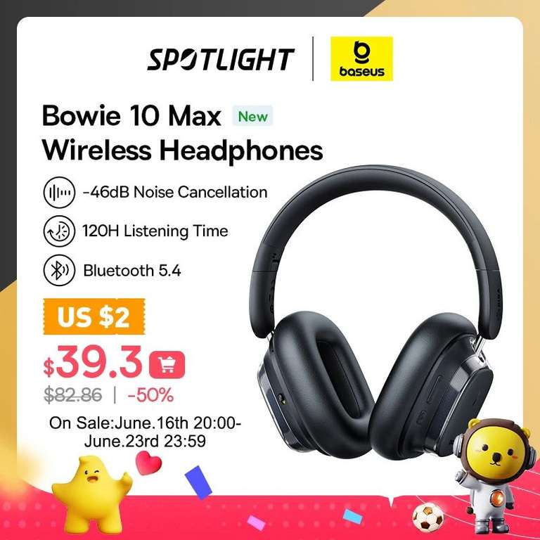 Baseus-auriculares inalámbricos Bowie 10 Max, cascos híbridos con cancelación de ruido, 120H de tiempo de juego, hi-res, Bluetooth 5,4