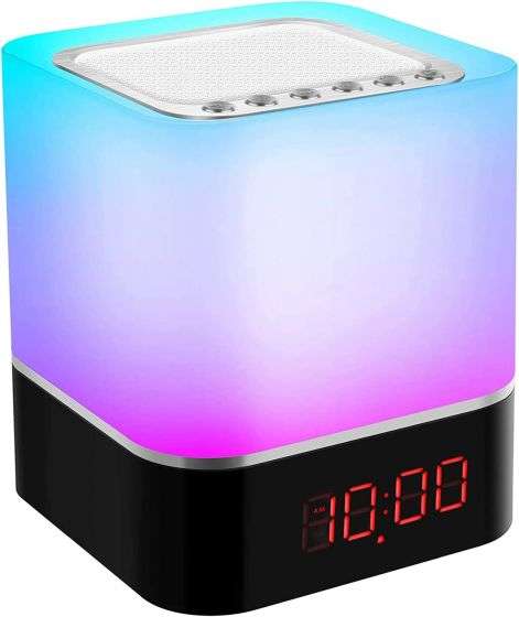 Luces Nocturna RGB Altavoz Bluetooth,Táctil Que Cambia de Color, Regulable con Reloj Despertador, Reproductor de MP3