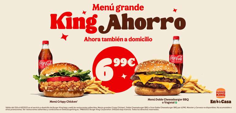 Menús grandes Crispy Chicken, Doble Cheeseburger BBQ o Vegetal o Gran Doble Cheeseburger BBQ por 6,99€ en pedidos a domicilio en Burger King
