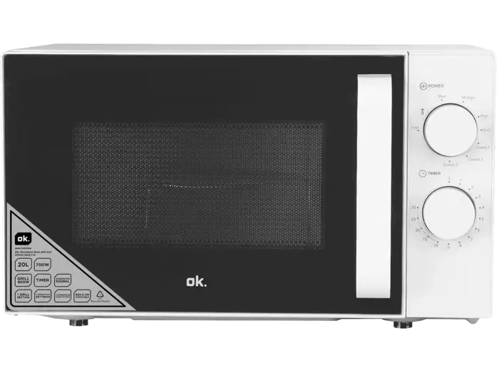 Microondas con grill - ok. OMWG 2024-1 W, 1200 W, 5 Niveles de potencia, 20 l, Blanco