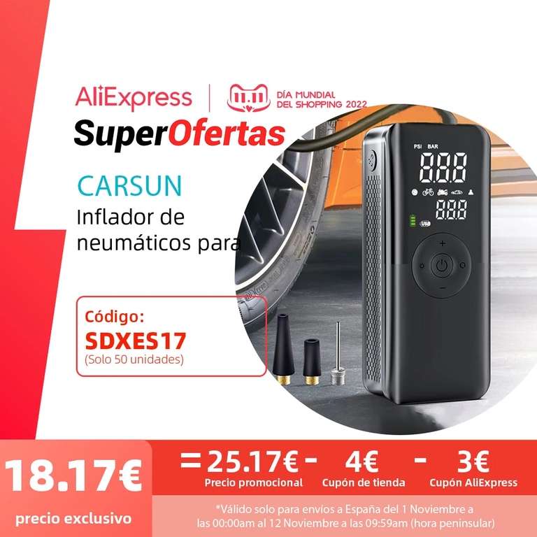 CARSUN Inflador de Neumáticos Portátil, Bomba de Aire Recargable, Compresor Digital, Dispositivo Inalámbrico - Desde España