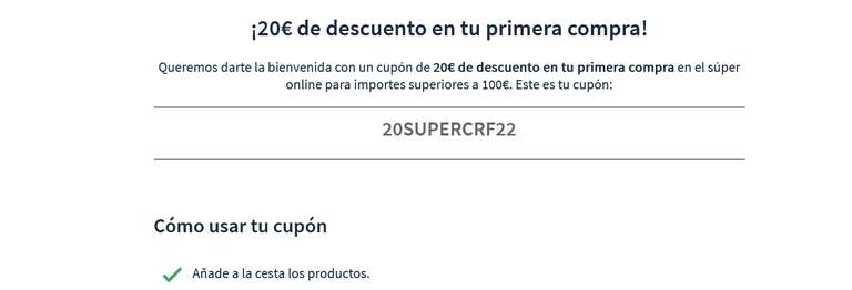 20€ de descuento en compras superiores a 100€ en Carrefour online - Primera compra