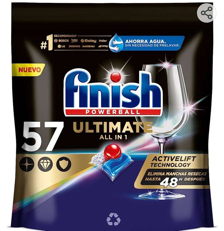 Finish Powerball Ultimate All in 1, pastillas para el lavavajillas, eficaz contra manchas resecas, 57 pastillas