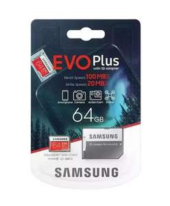 Tarjeta MicroSD - Samsung EVO Plus 64 GB, 100MB/s lectura, 20 MB/s escritura, Clase 10, Rojo