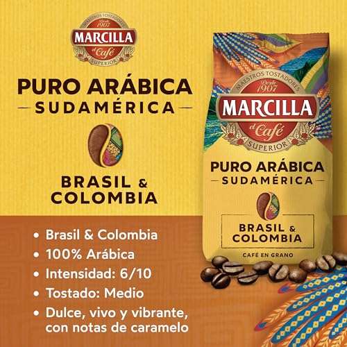 2 x Marcilla Café Grano Puro Arábica Sudamérica Brasil & Colombia 400g. [Total 800g. Unidad 5'39€]