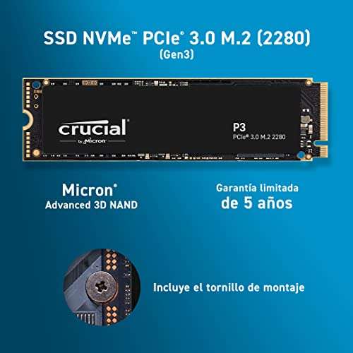 Crucial P3 1TB M.2 PCIe Gen3 NVMe SSD interno - Hasta 3500MB/s // 2TB por 113.99