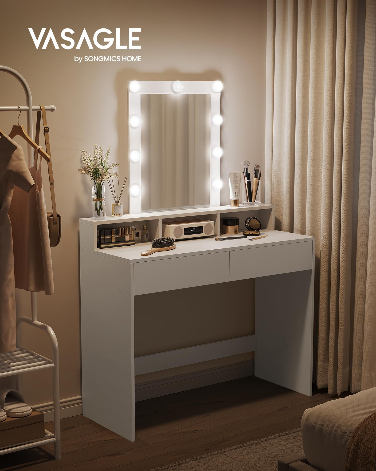 VASAGLE KAILYN Colección - Tocador, Luces LED con Brillo Ajustable, Mesa de Maquillaje con Espejo, 2 Cajones y 3 Compartimentos,