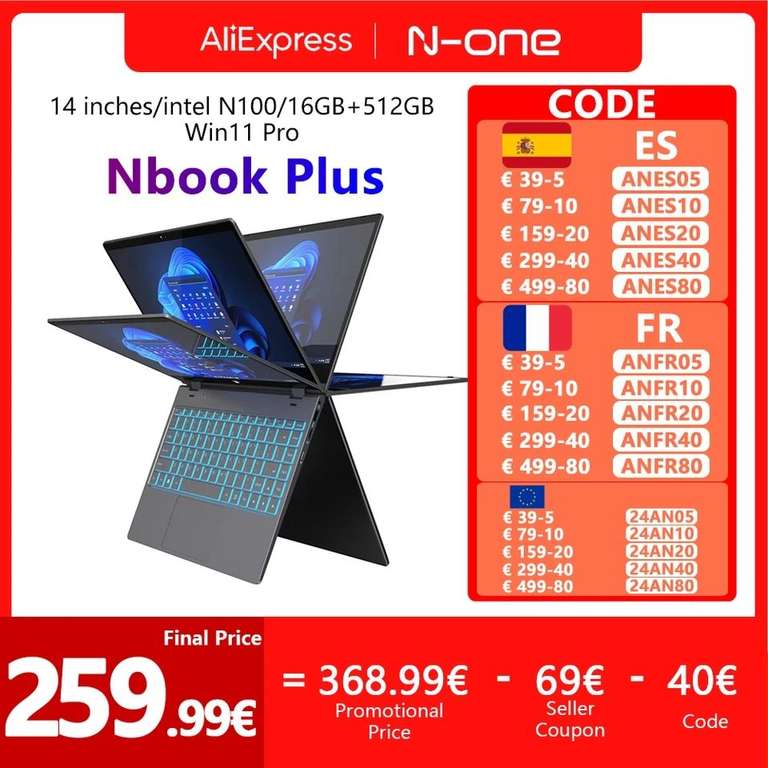 Portátil N-ONE Nbook Plus, pantalla táctil de 14,1 pulgadas, Windows 11 Pro, Intel N100, 16GB, DDR4/512GB, M.2, SSD, 1920x1080p, 360°.
