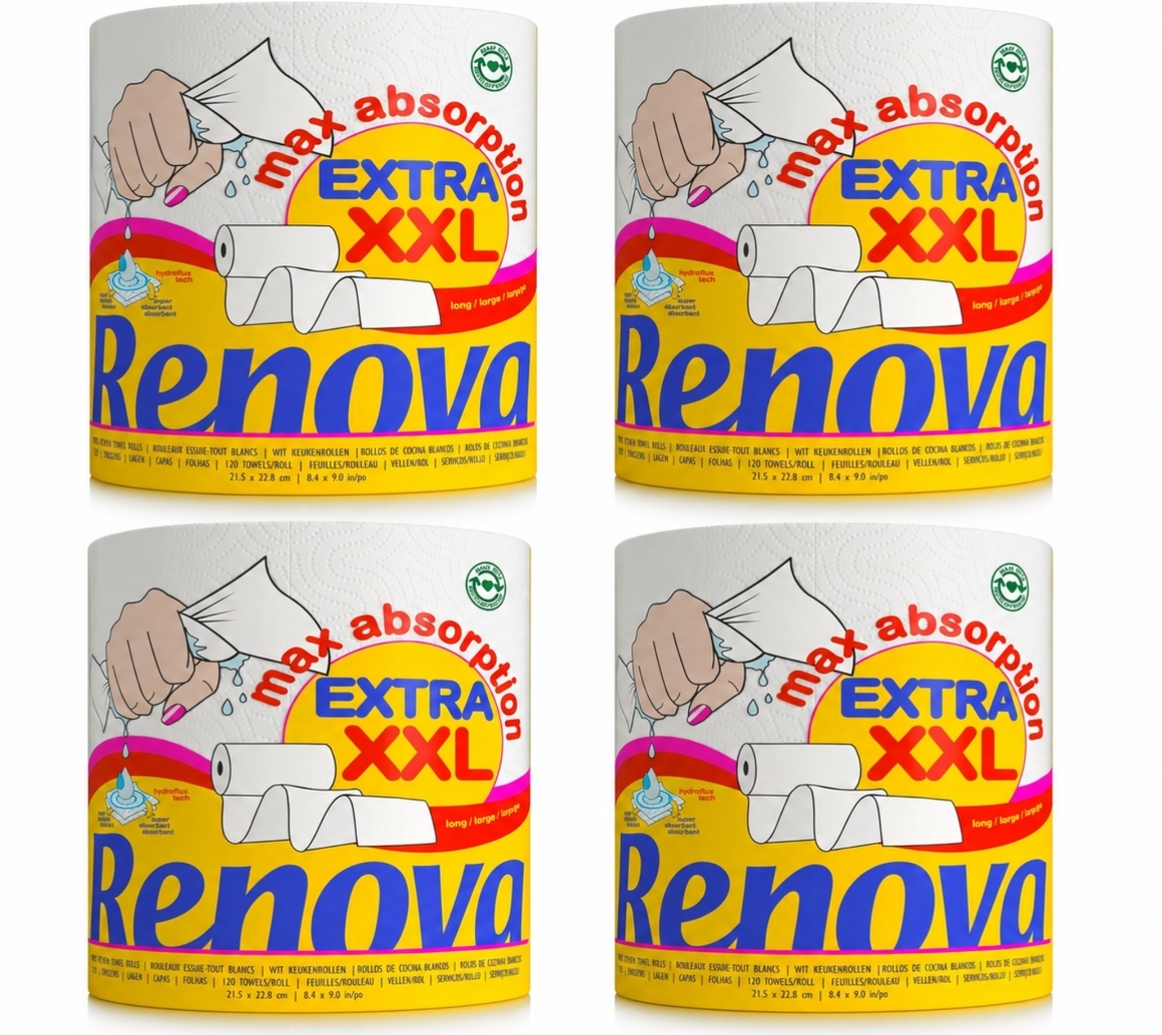 4 X Renova - Maxiabsorption, Rollos de cocina XXL, Triple, Blanco (1,16€/unidad)