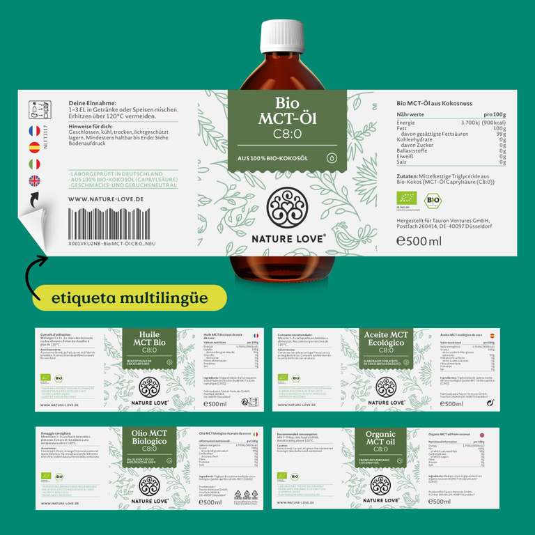 Aceite MCT ecológico C:8 – 500ml – elaborado con aceite de coco 100% ecológico (19,75€ compra recurrente y 20,79€ compra única).