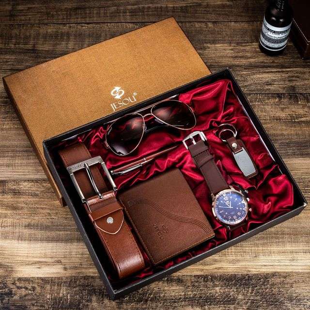 conjunto para hombre: billetera, cinturón, reloj, bolígrafo y gafas (negro y marron)