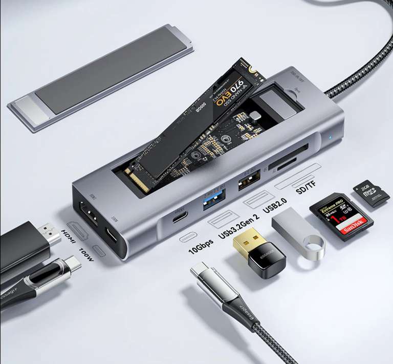 Essager concentrador USB 8 en 1 con función de almacenamiento en disco