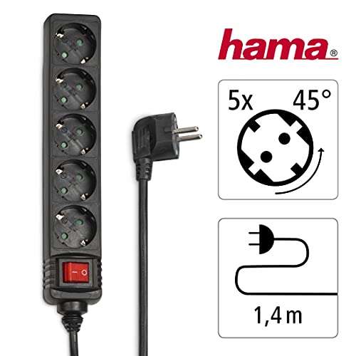 Regleta 5 tomas con interruptor / hasta 3500W / Protección Infantil / Cable 1,4 m. / Negro