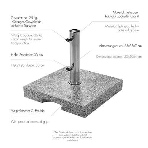 Base de granito Doppler 25 kg - soporte para sombrilla de alta calidad con tubo de acero inoxidable - cuadrado - 37cmx38cmx5,5 cm