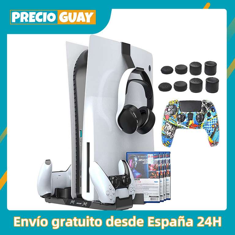Soporte Vertical PS5 con 2 mandos cargador, 2 ventiladores de refrigeración, ranura para 12 juegos - ENVIO DESDE ESPAÑA