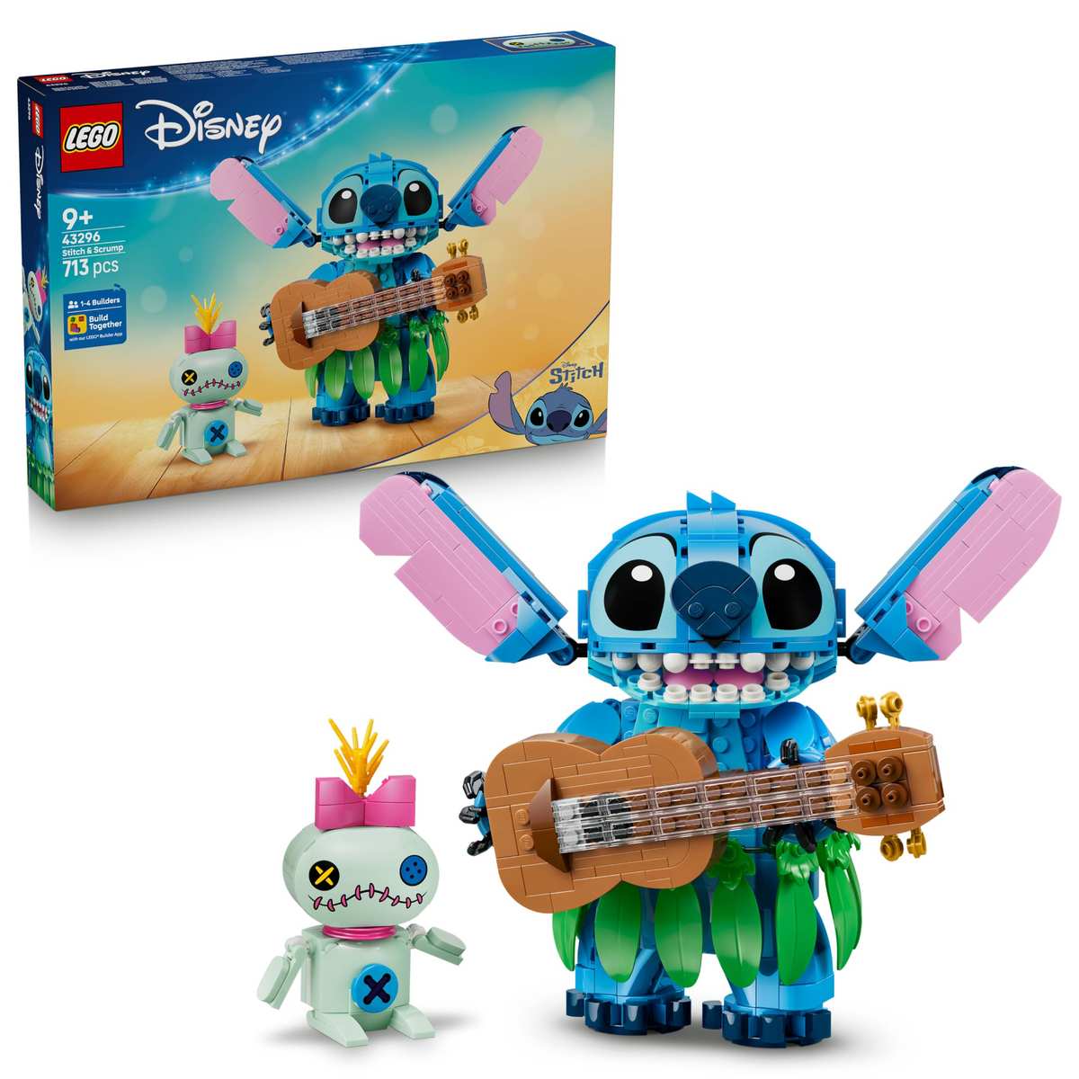 LEGO Disney Stitch y Scrump.Juguete para niños de + de 9 años.2 figuras con ukelele y peluche. 713 piezas