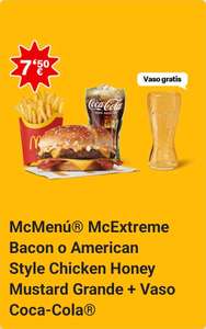 McMenú McExtreme Bacon o American Style Chicken Honey Mustard grande por 7,50€ + vaso de Coca-Cola gratis en McDonald's (en restaurante)