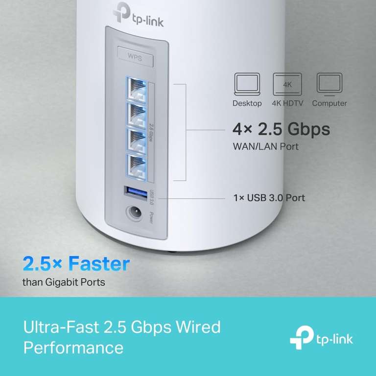 TP-Link Deco BE65(2-Pack) Wi-Fi 7 Mesh WLAN Set (Pack de 3), Tribanda 5760 Mbit/s (6 GHz) + 2880 Mbit/s (5 GHz) + 574 Mbit/s (2,4 GHz)