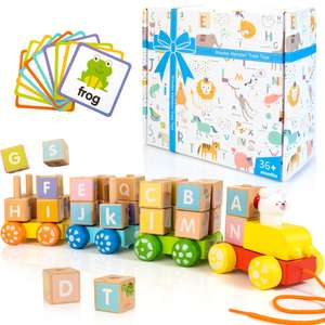 Montessori Alfabeto Tren Juguetes, Tren de Apilamiento de Madera con Tarjetas