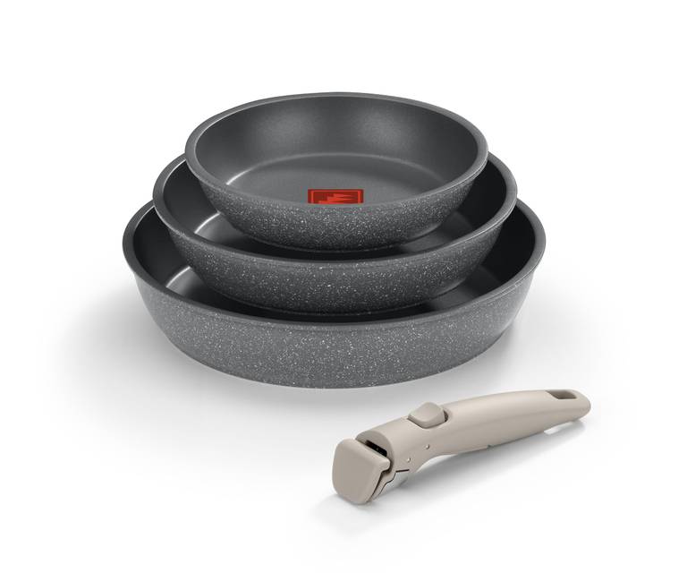 Monix One Click Pietra | Set 3 sartenes apilables, 20-24-26 cm, Antiadherentes, Mango desmontable, Indicador Temperatura Thermonix, Sin PFOA